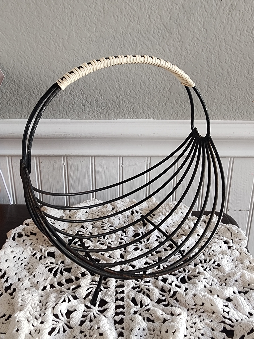 Vintage Black Wire Fruit Basket with Cream Wrapped Handle